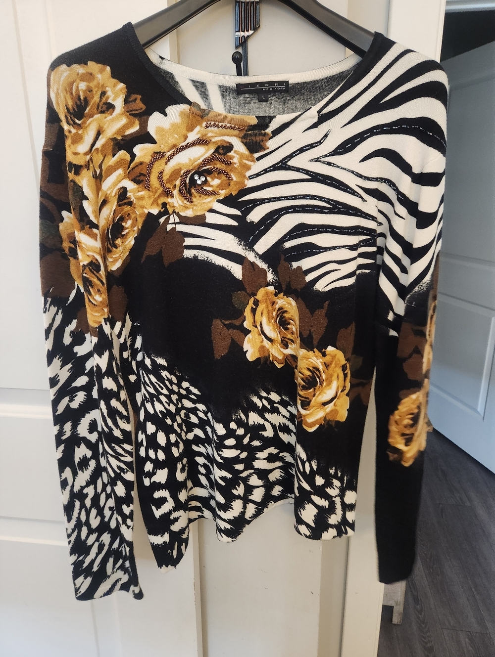 Pierre Cardin Black, White & Gold Floral Zebra Crewneck Sweater
